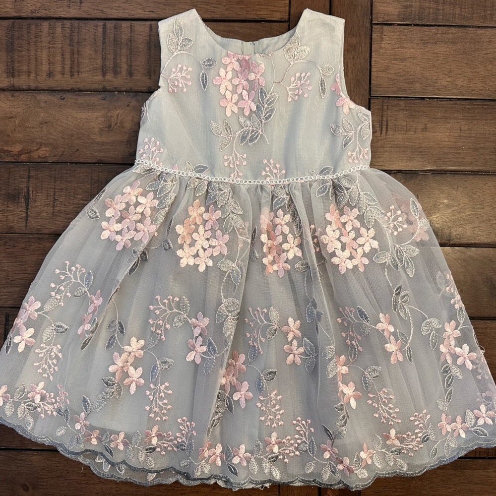 Floral Embroidered Girls Dress - Pink and Gray (24 months/2T)